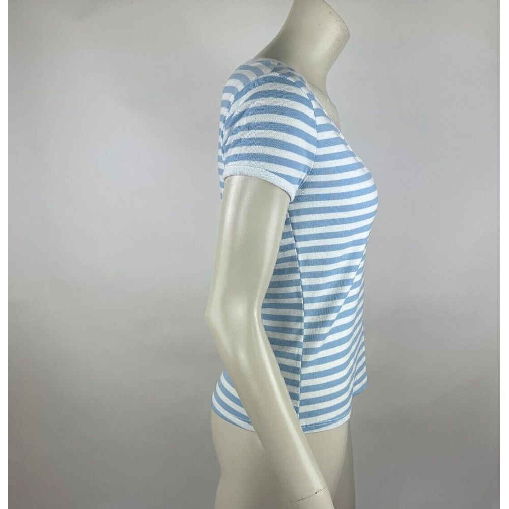 Frame Le Button V-Neck Striped Tee Women‎ S EUC Supima Cotton Striped Stretch - Picture 5 of 10